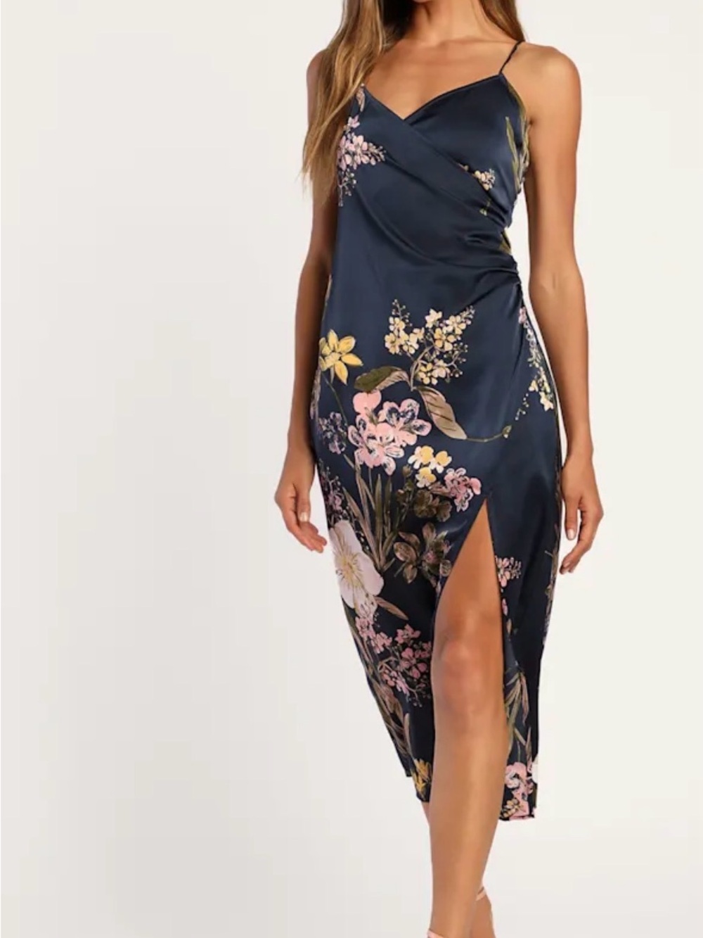 Lulu's Navy Floral Slip Midi Dress with Pink & Yellow Accents